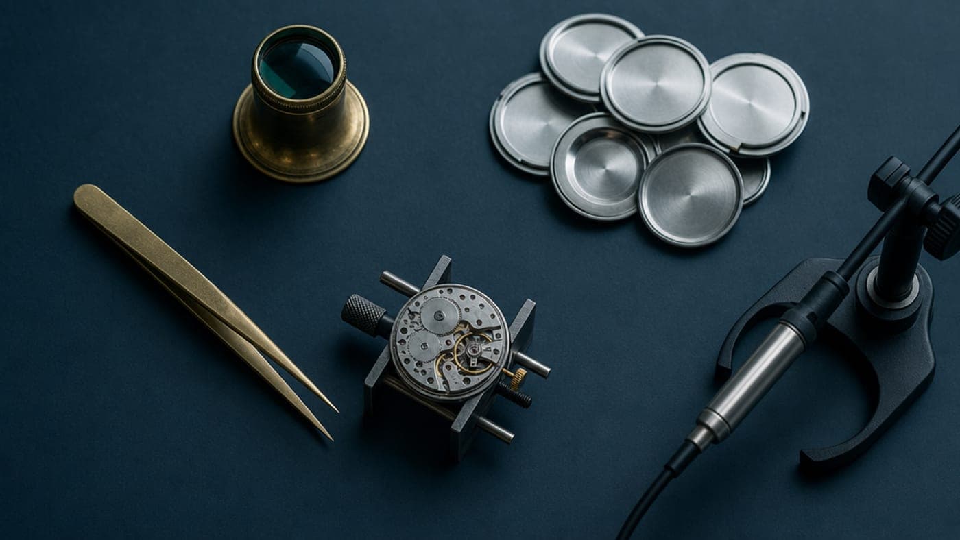 A watchmaker's bench with brass tweezers, a loupe and a movement holder on a dark surface