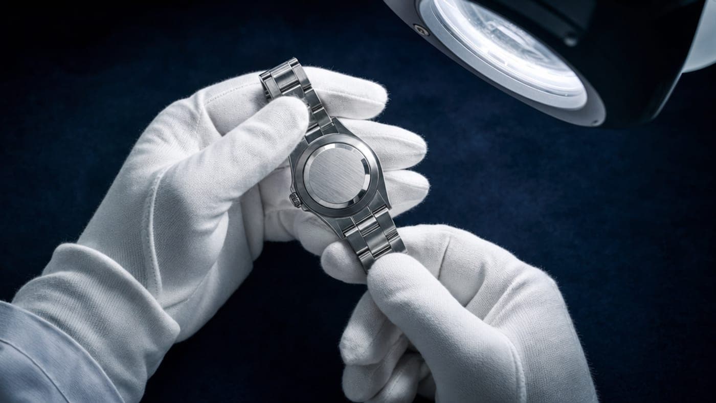 Gloved hands inspecting a steel wristwatch under an inspection lamp before dispatch